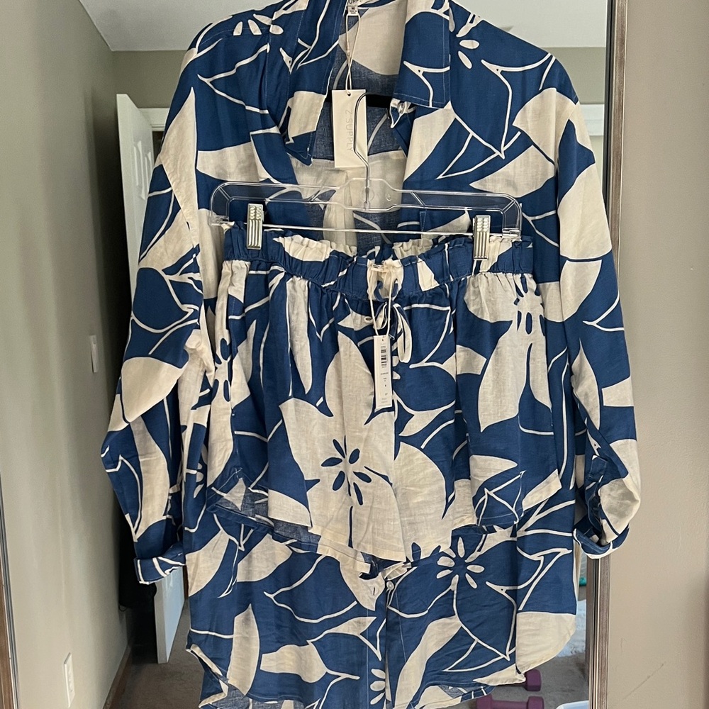 Z Supply Blue and White Floral linen button down and shorts